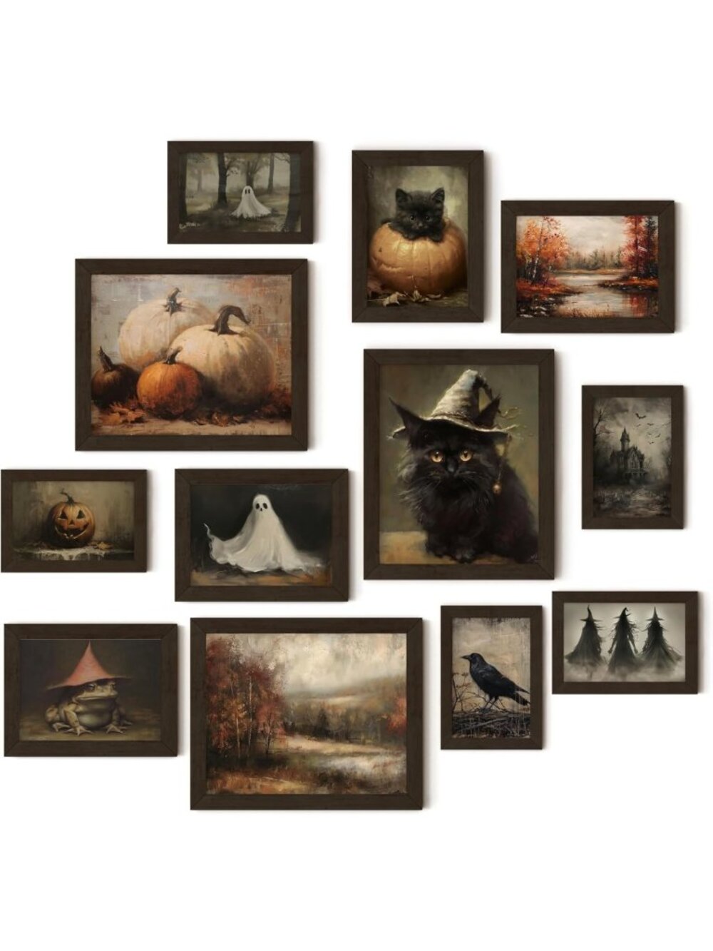 Vintage Halloween Room Decor Set - Spooky Art Prints, Witch & Ghost Wall Art